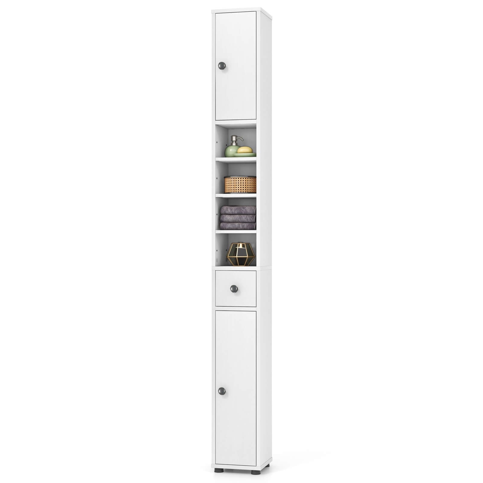Costway Tall Slim Bathroom Storage Cabinet Linen Towerwith Drawer & Adjustable Shelves White
