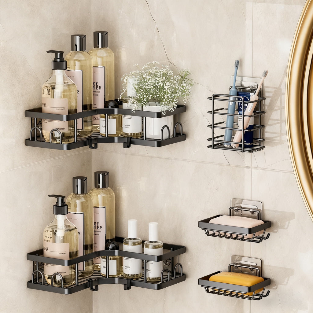 5-Piece Shower Caddy Set -Includes Shelf, Soap Holder, Toothbrush Holder, Strong Load-Bearing Without Drilling