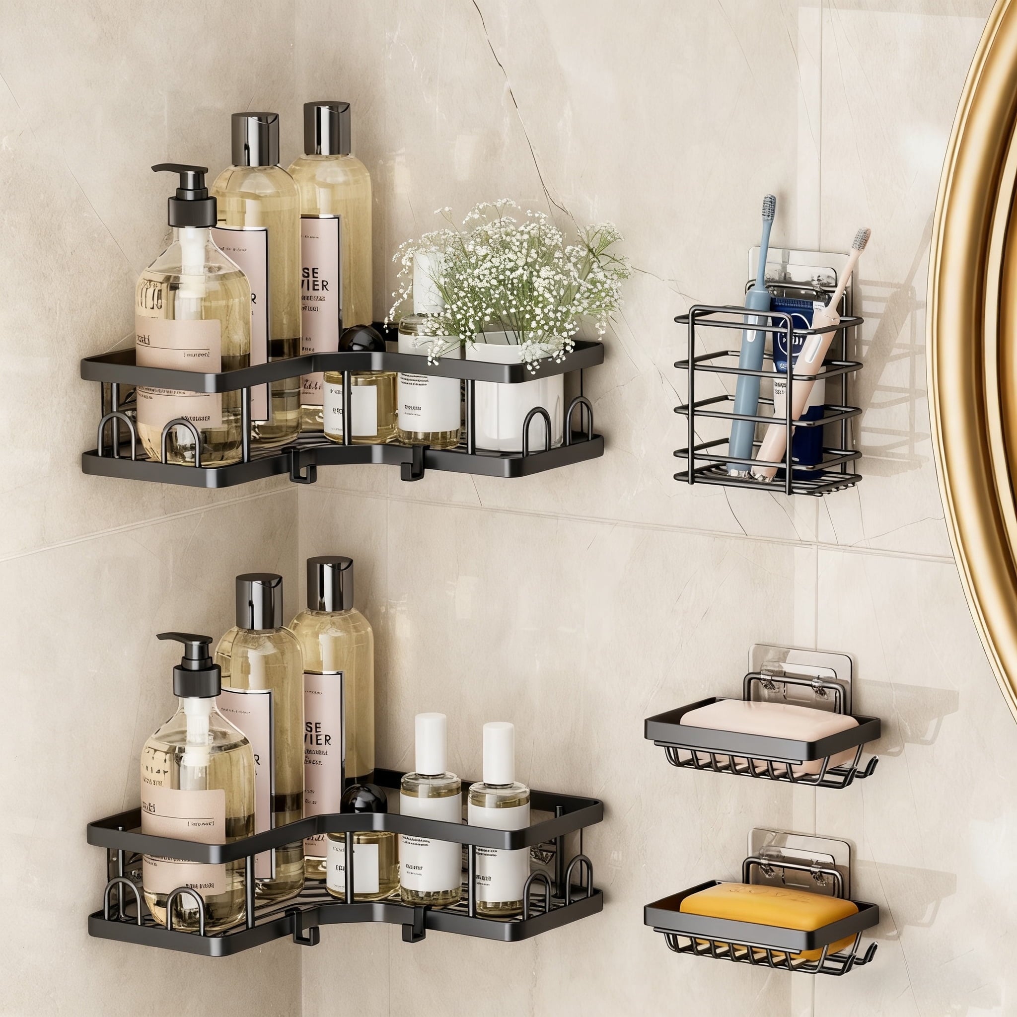 5-Piece Shower Caddy Set -Includes Shelf, Soap Holder, Toothbrush Holder, Strong Load-Bearing Without Drilling