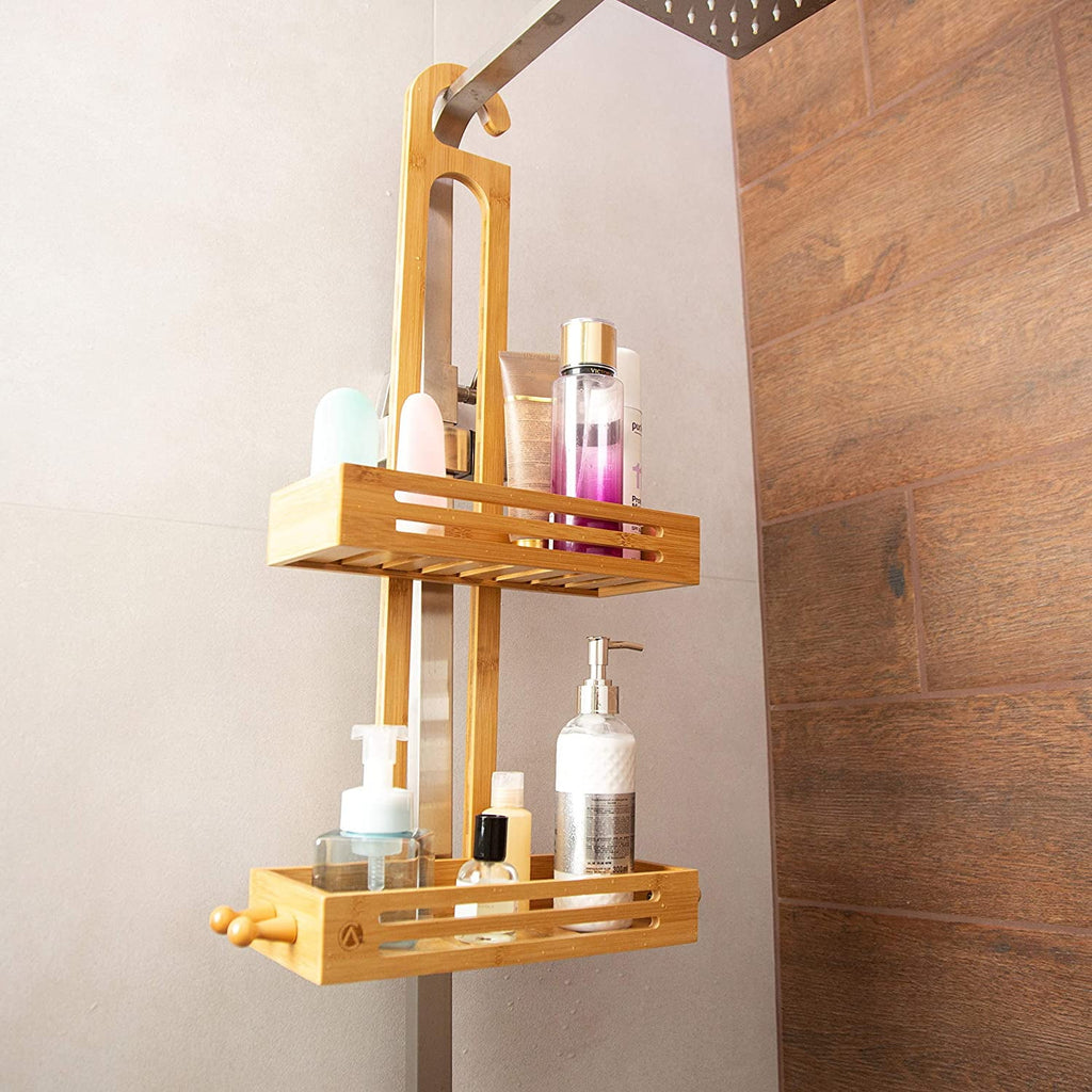 Bamboo Hanging Shower Caddy - Adult 2-Shelf 2-Compartment Bamboo Over-the-Shower Head Shower Caddy, 1 Count
