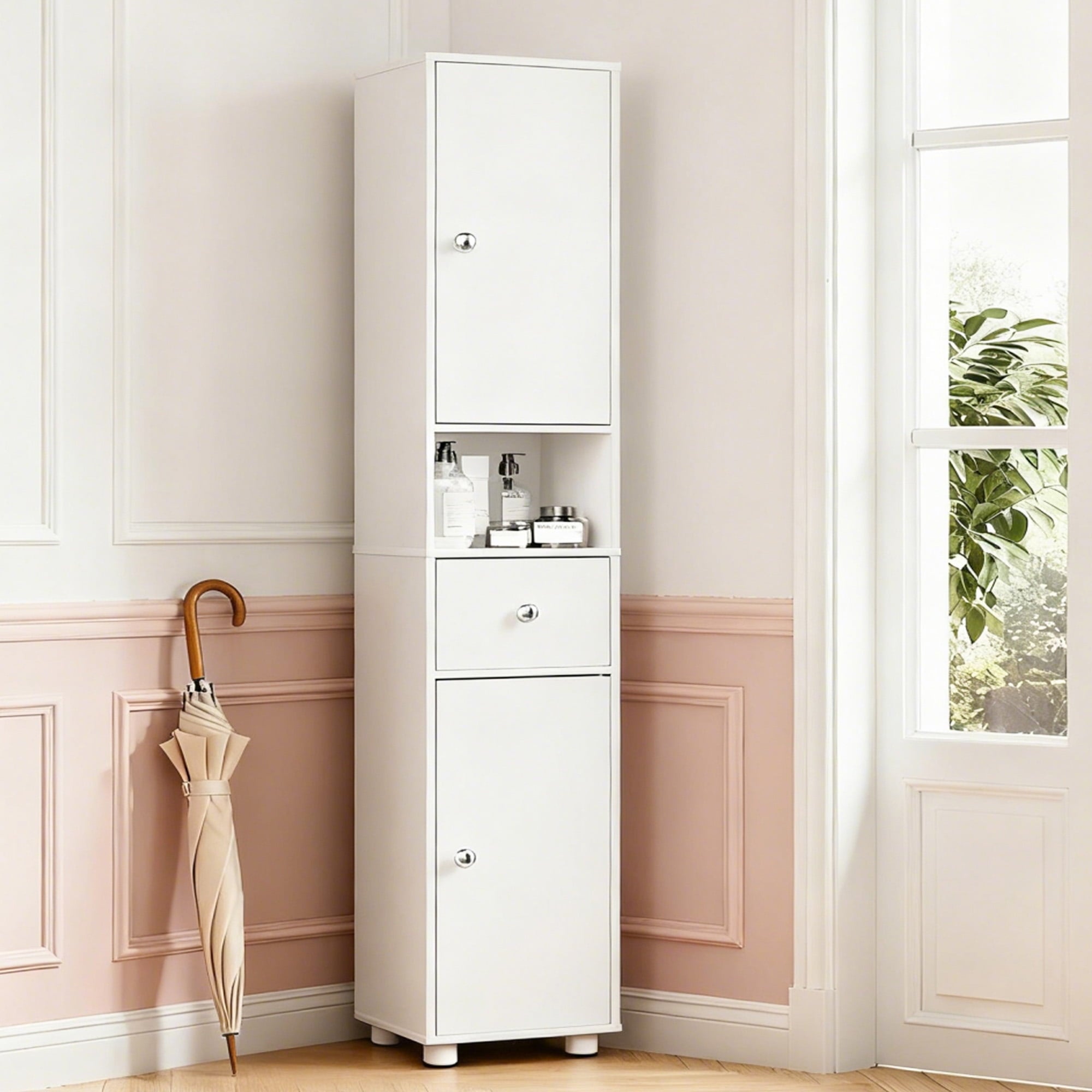Bathroom Cabinet, Narrow Storage Cabinet Freestanding with 2 Doors & Shelves