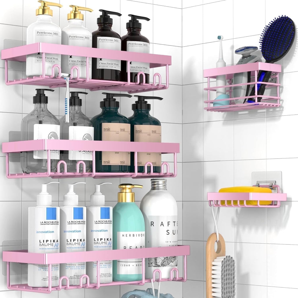 Adhesive Organizer, Hanging Suction Pink Shelves Rack, Inside Rack Holder, Bathroom Decor Organization Storage Access...