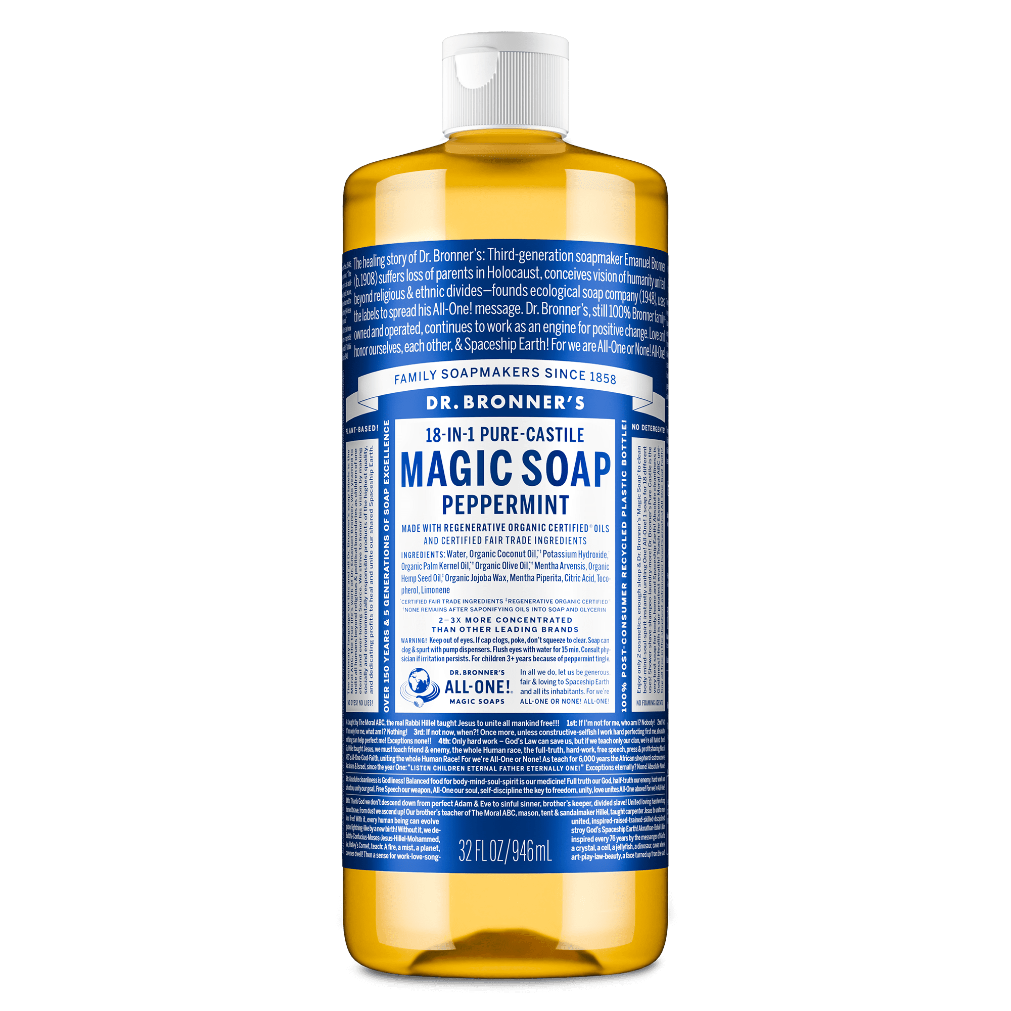 Soap - Peppermint - Pure-Castile Liquid Soap - 32 oz – for face, body wash, hands