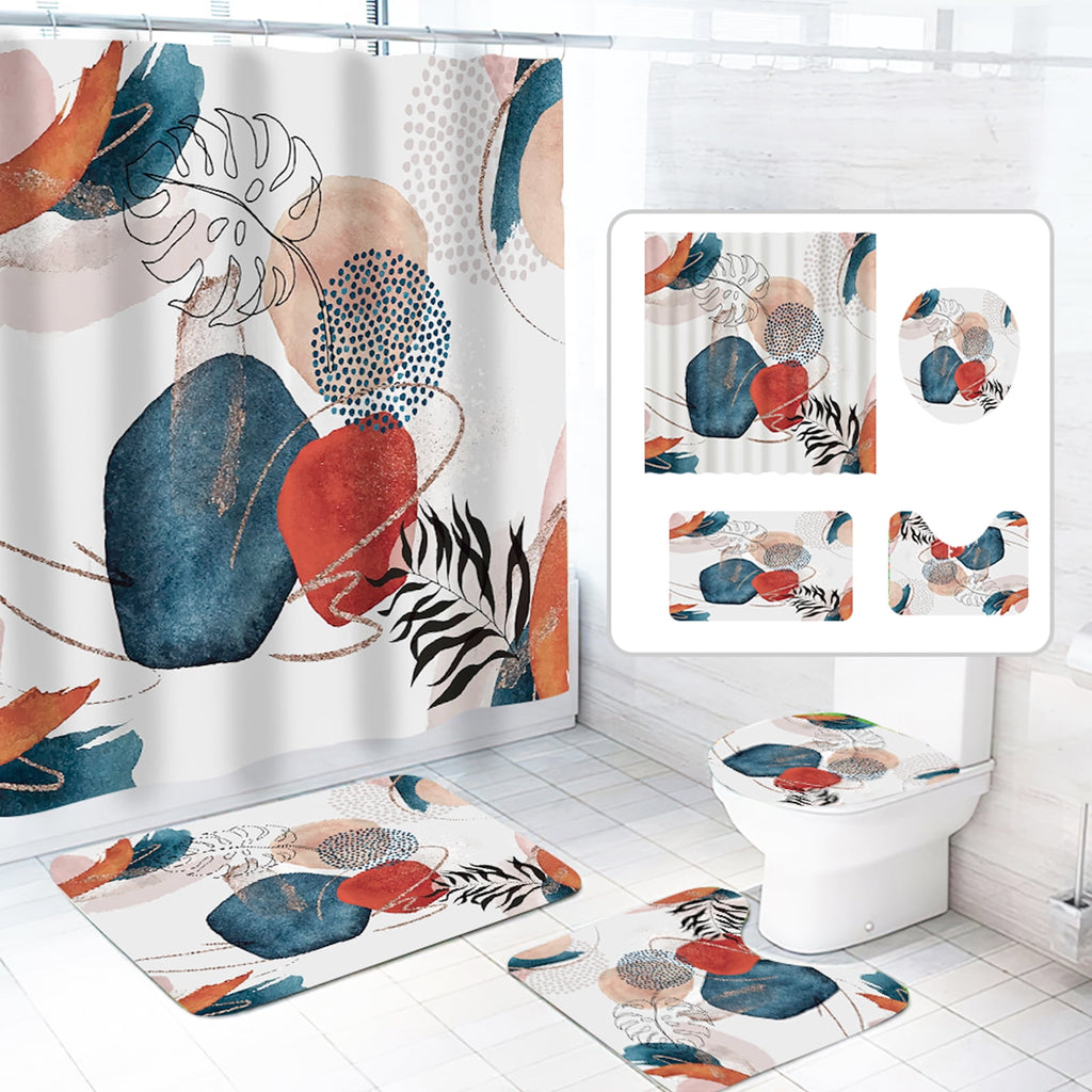 Fabric Shower Curtain and Rug Sets, 16pc Modern Bathroom Sets, Navy, 72" x 72"