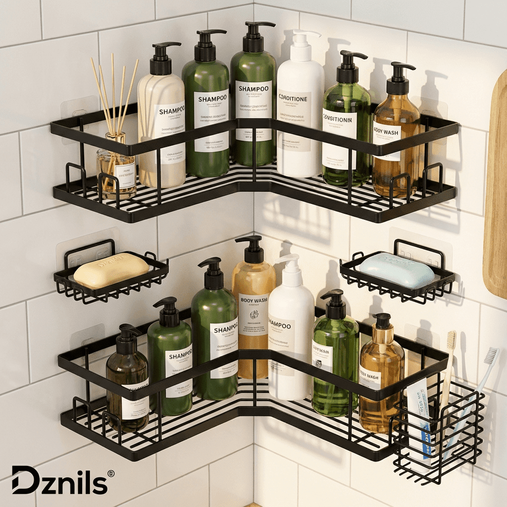 Caddy Corner 5 Pack, Large Capacity No Drilling Wall-Mounted Bathroom Organizer Basket, Black