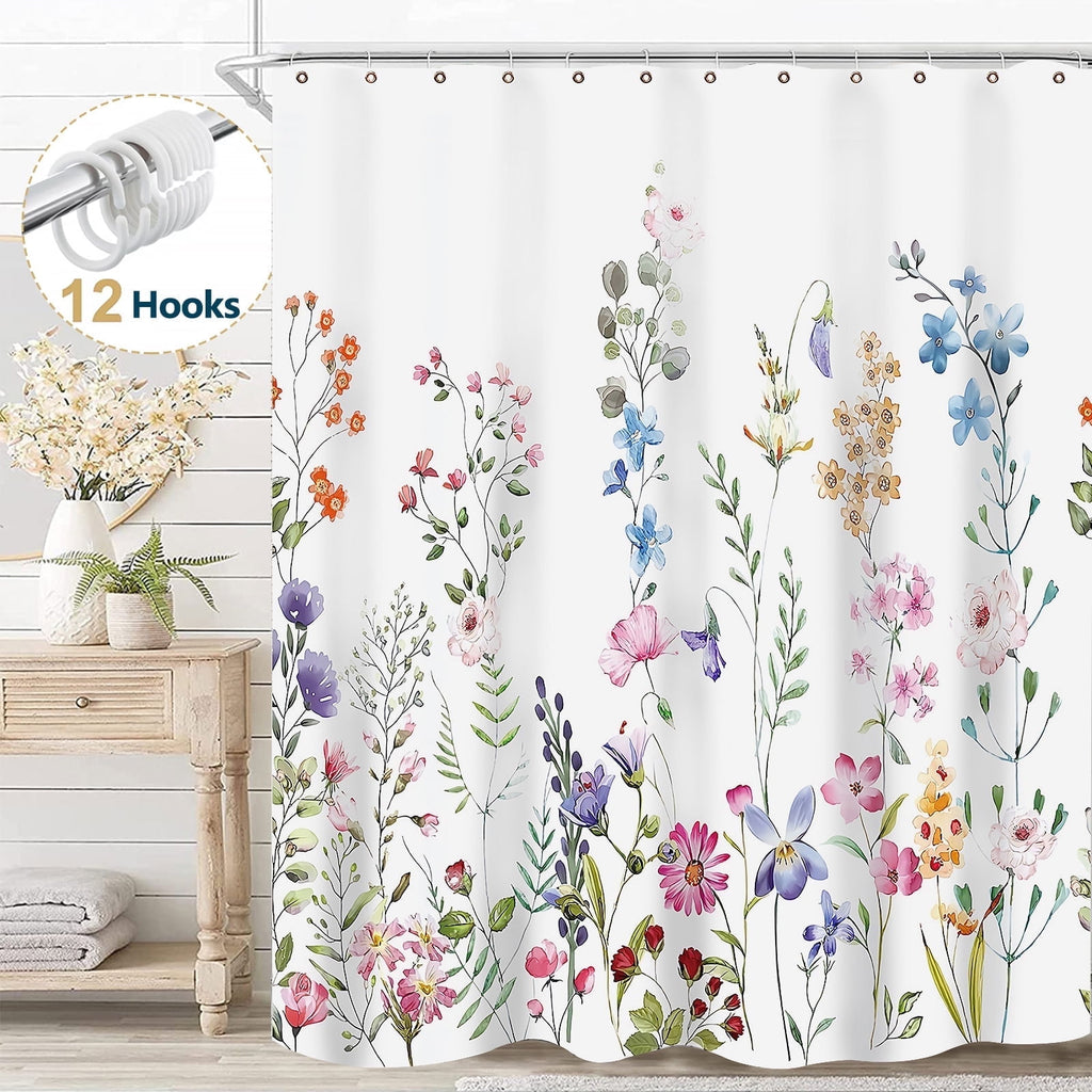 White Floral Fabric Shower Curtain, Watercolor Bathroom Curtain with Hooks, Pink, 72" x 72"