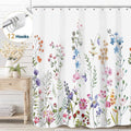 White Floral Fabric Shower Curtain, Watercolor Bathroom Curtain with Hooks, Pink, 72" x 72"