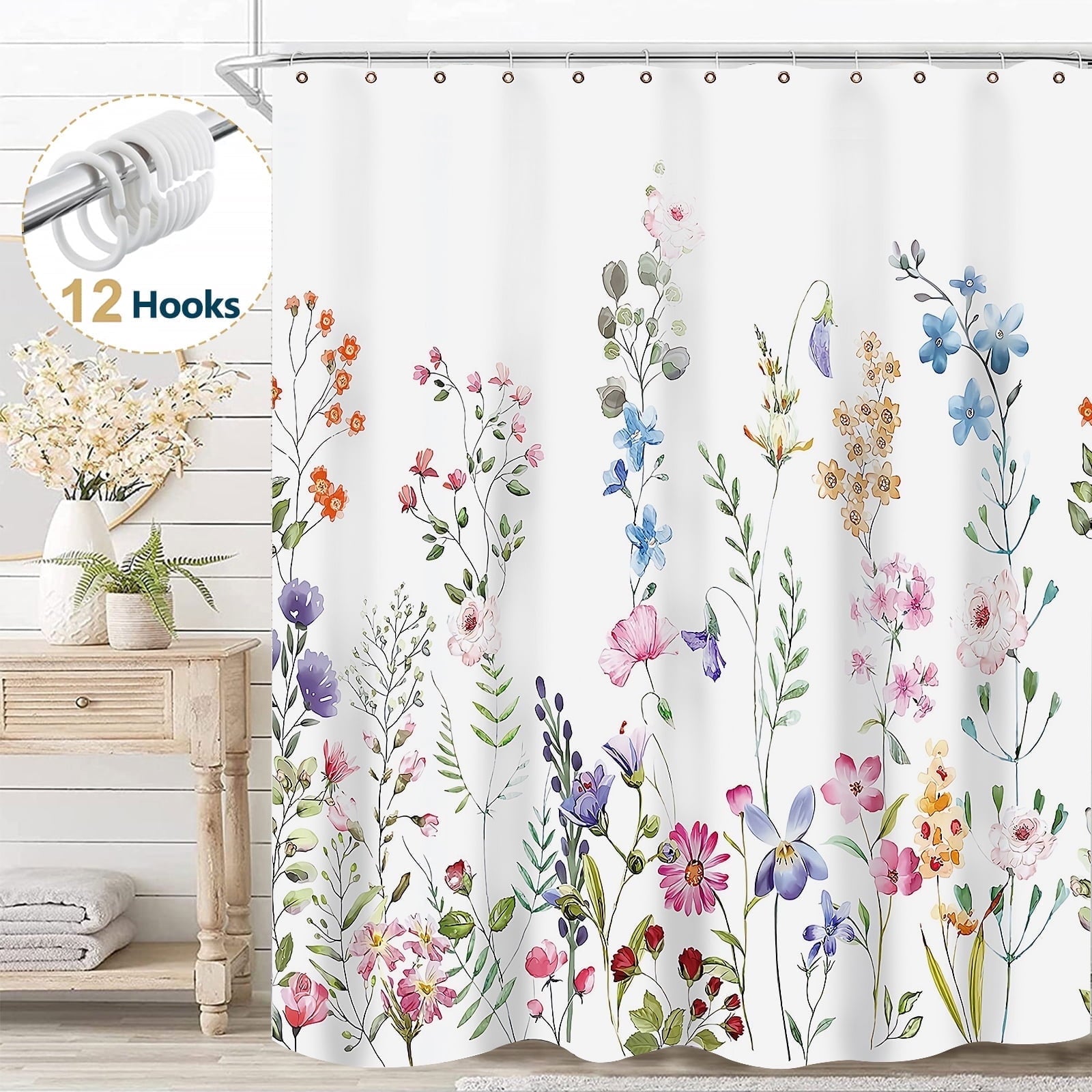 White Floral Fabric Shower Curtain, Watercolor Bathroom Curtain with Hooks, Pink, 72" x 72"