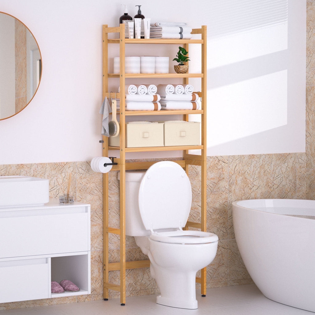 the Toilet Storage, Bamboo Bathroom Shelf Organizer with 2 Baskets & 4 Hooks, 4-Tier Space Saver