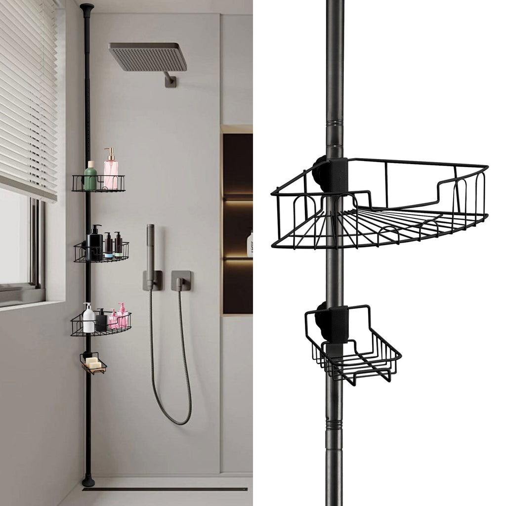Tension Pole Adjustable Height 56-114Inch Black Metal Bathroom Organizer