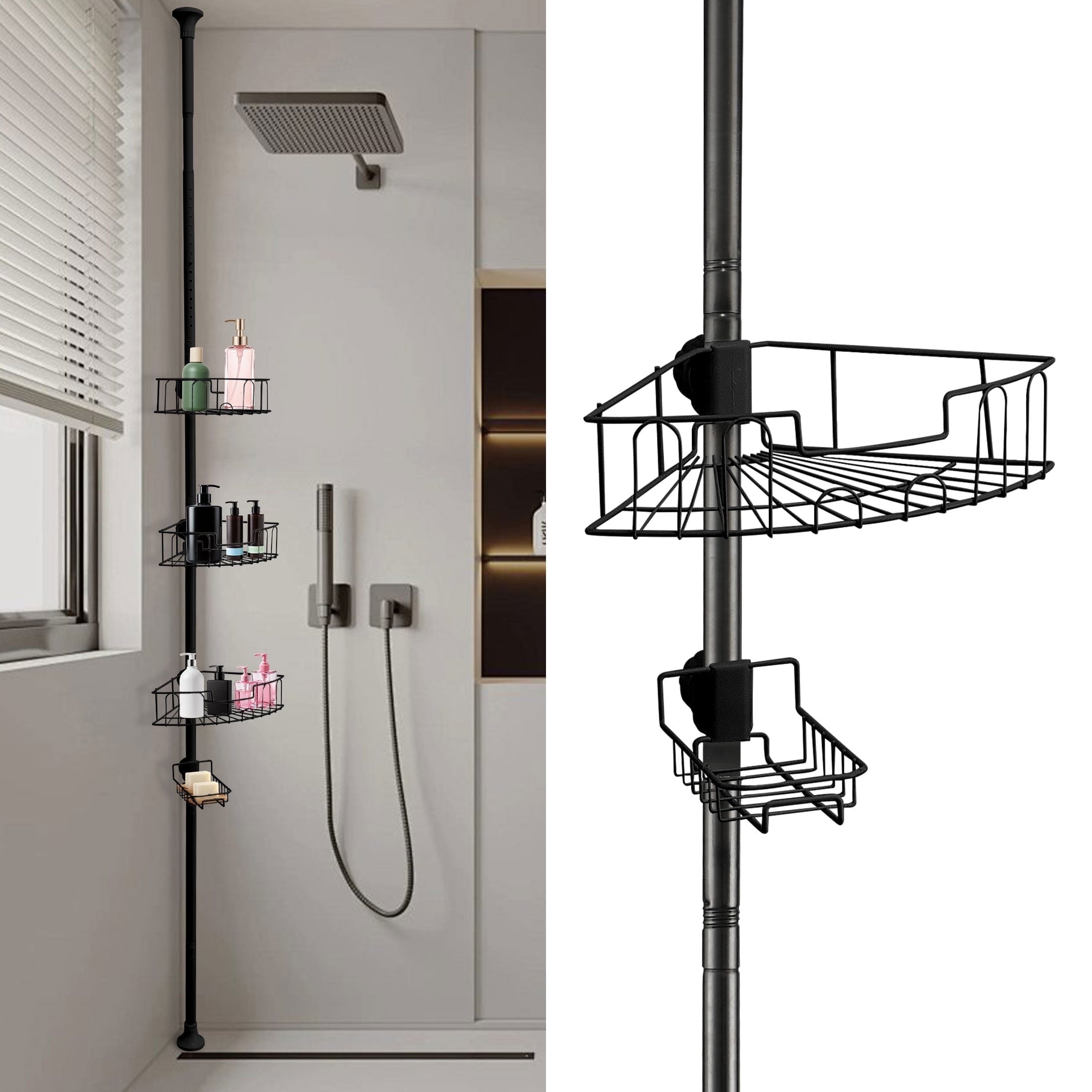 Tension Pole Adjustable Height 56-114Inch Black Metal Bathroom Organizer