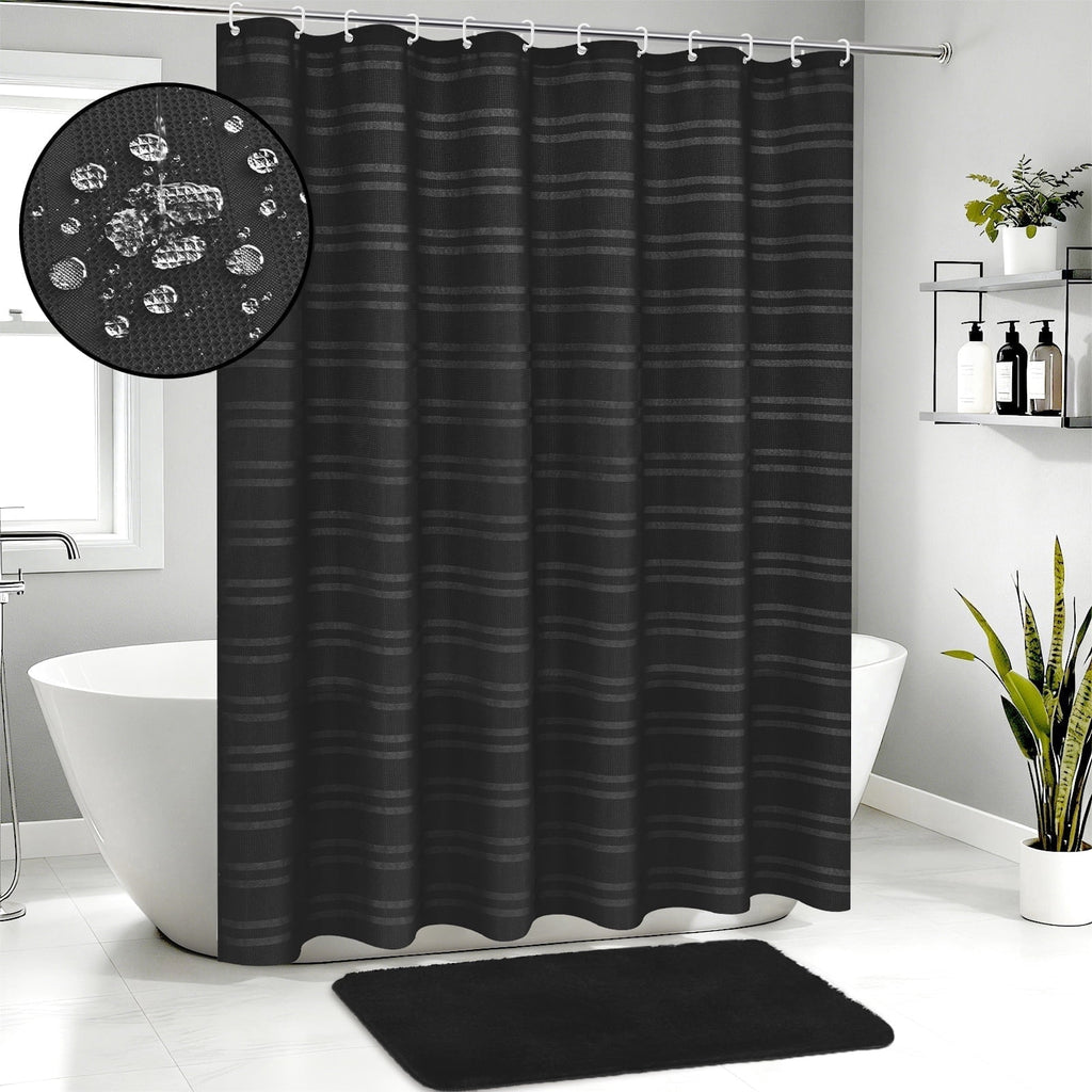Weave Shower Curtain Sets with Rug, 14-Piece Striped Fabric Bathroom Sets with Hooks, Hotel Grade, Waterproof & Washa...