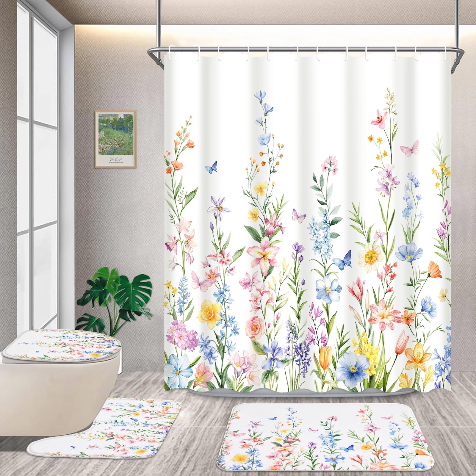 FRAMICS 16-Piece Floral Shower Curtain Sets with Rugs, Watercolor Wildflower Bathroom Sets with Hooks, Waterproof Fabric Bathroom Curtain, M
