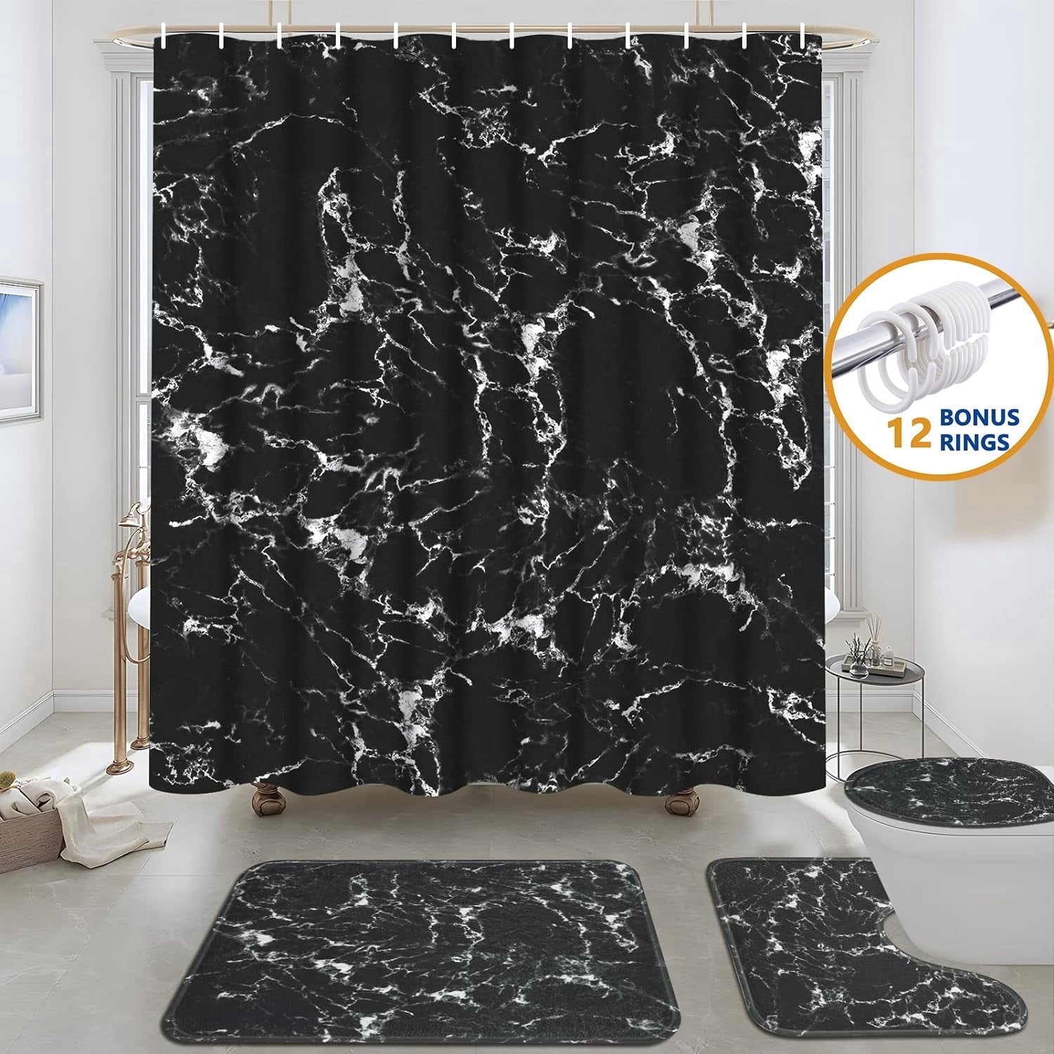 16-Piece Black Marble Shower Curtain Sets with Rugs, Modern Abstract Bathroom Sets, Waterproof Fabric Bathroom Curtai...