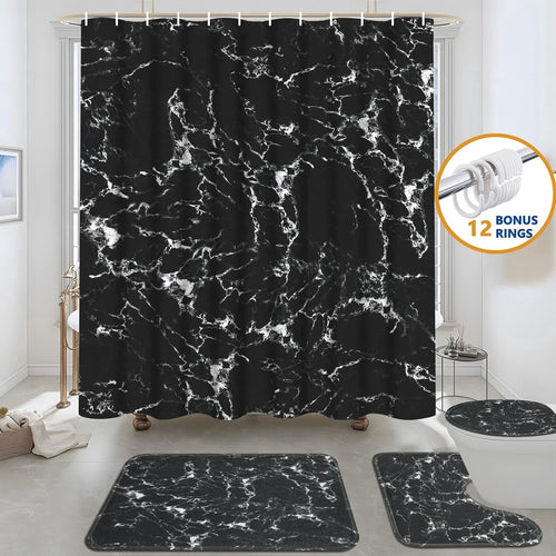 16-Piece Black Marble Shower Curtain Sets with Rugs, Modern Abstract Bathroom Sets, Waterproof Fabric Bathroom Curtai...