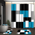 Blue Geometric Shower Curtain Sets with Rugs, 16 Pc Modern Abstract Checkered Bathroom Sets, Waterproof Fabric Bathro...