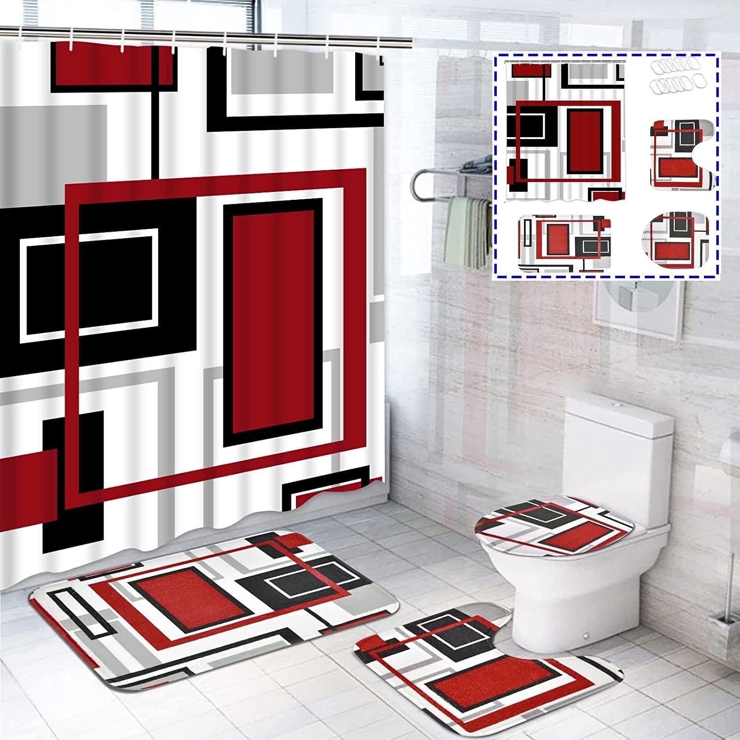 Red Black Geometric Shower Curtain and Rug Sets, 16 Pc Modern Abstract Bathroom Sets, Waterproof Fabric Shower Curtai...