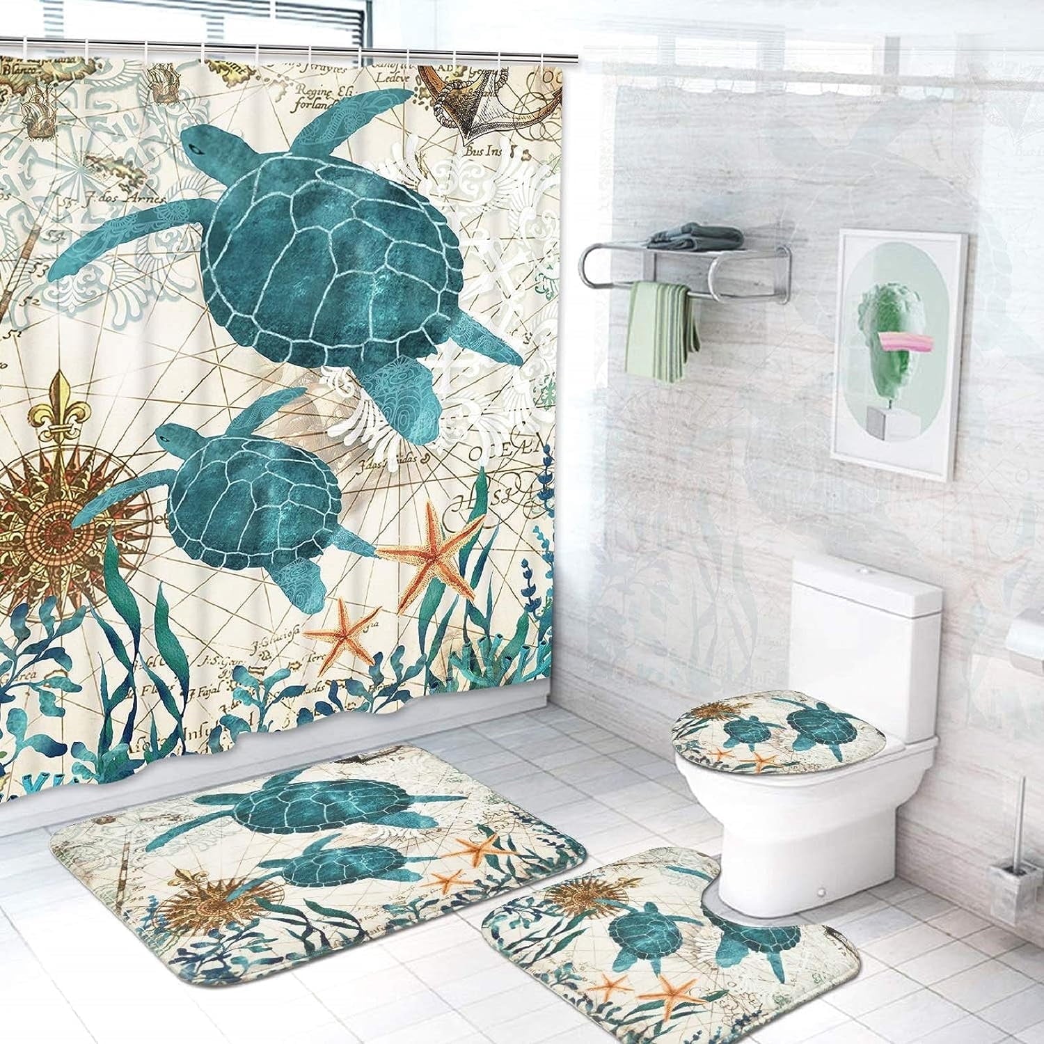 Shower Curtain and Rug Sets, 16 Pc Blue Ocean Creature Landscape Bathroom Sets, Waterproof Fabric Shower Curtain with...