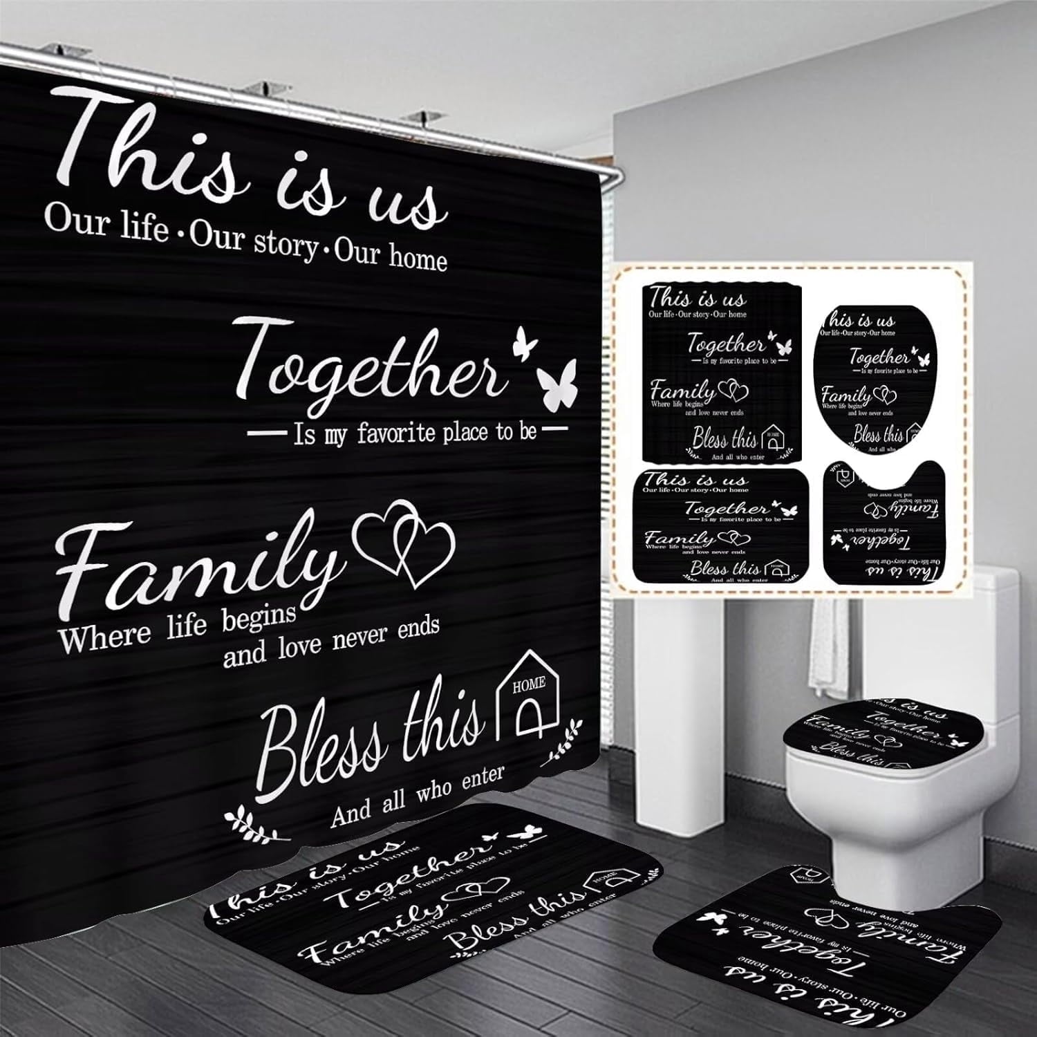 Set Black Home Bathroom Set with and Rugs and Accessories Bathroom Decor with 12 Hooks