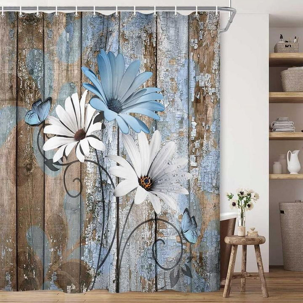 Shower Curtain, Rustic Blue Daisy Shower Curtain Set, Country Blue Wild Garden Plant Fabric Shower Curtain with Hooks...