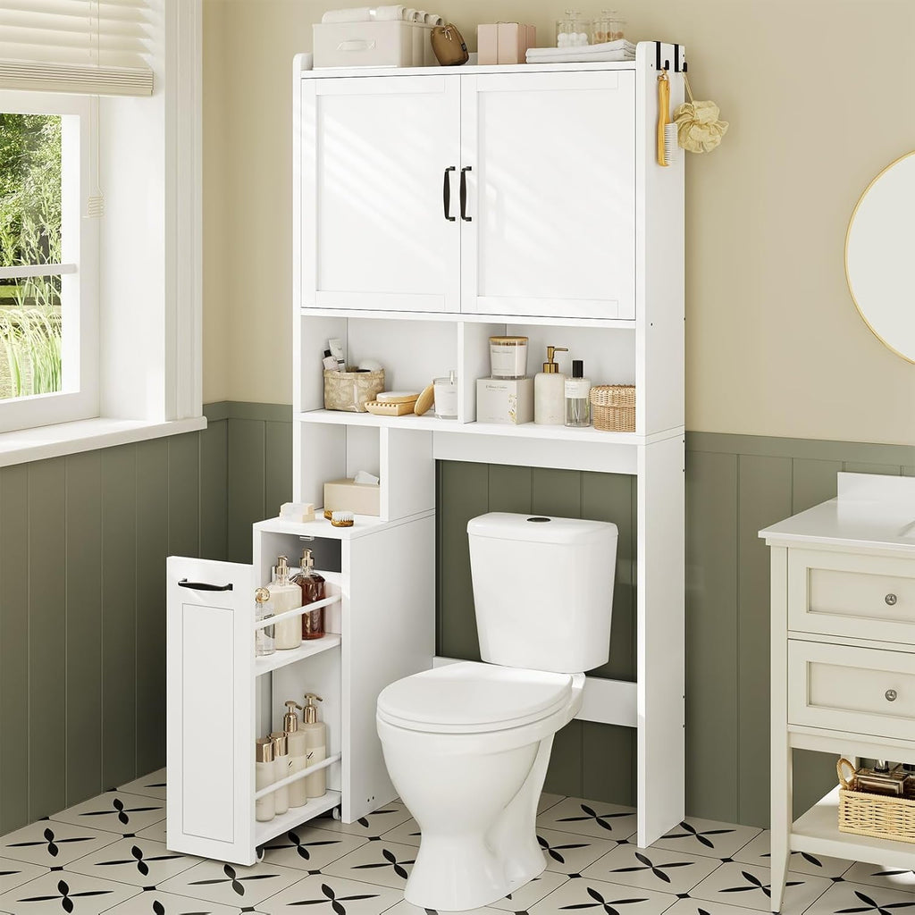 The Toilet Storage Cabinet with Pulley, Bathroom Storage Cabinet, with Adjustable Shelf and Open Shelf for Bathroom, ...