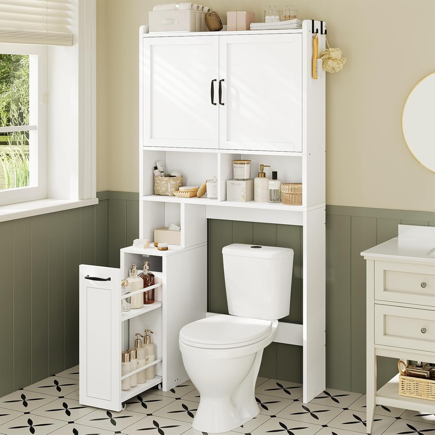 The Toilet Storage Cabinet with Pulley, Bathroom Storage Cabinet, with Adjustable Shelf and Open Shelf for Bathroom, ...