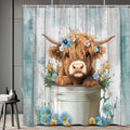 Funny Highland Cow Shower Curtain, Cute Farmhouse Teal Floral Western Wood Animal Shower Curtain Set, Country Rustic Turquoise Bathroom Acce