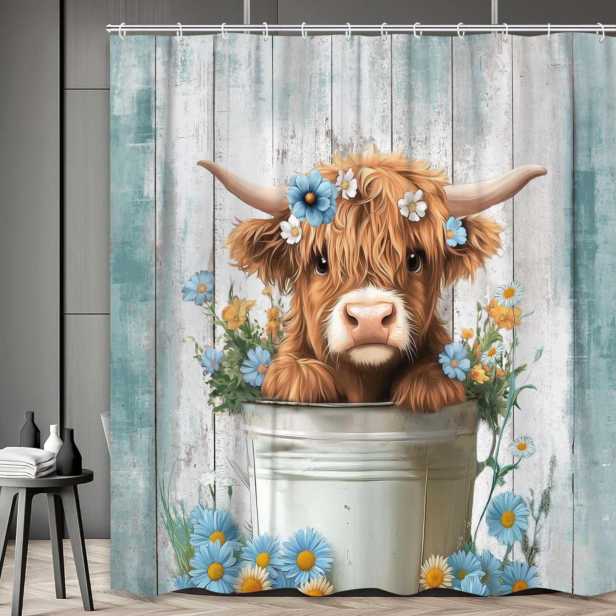 Funny Highland Cow Shower Curtain, Cute Farmhouse Teal Floral Western Wood Animal Shower Curtain Set, Country Rustic Turquoise Bathroom Acce