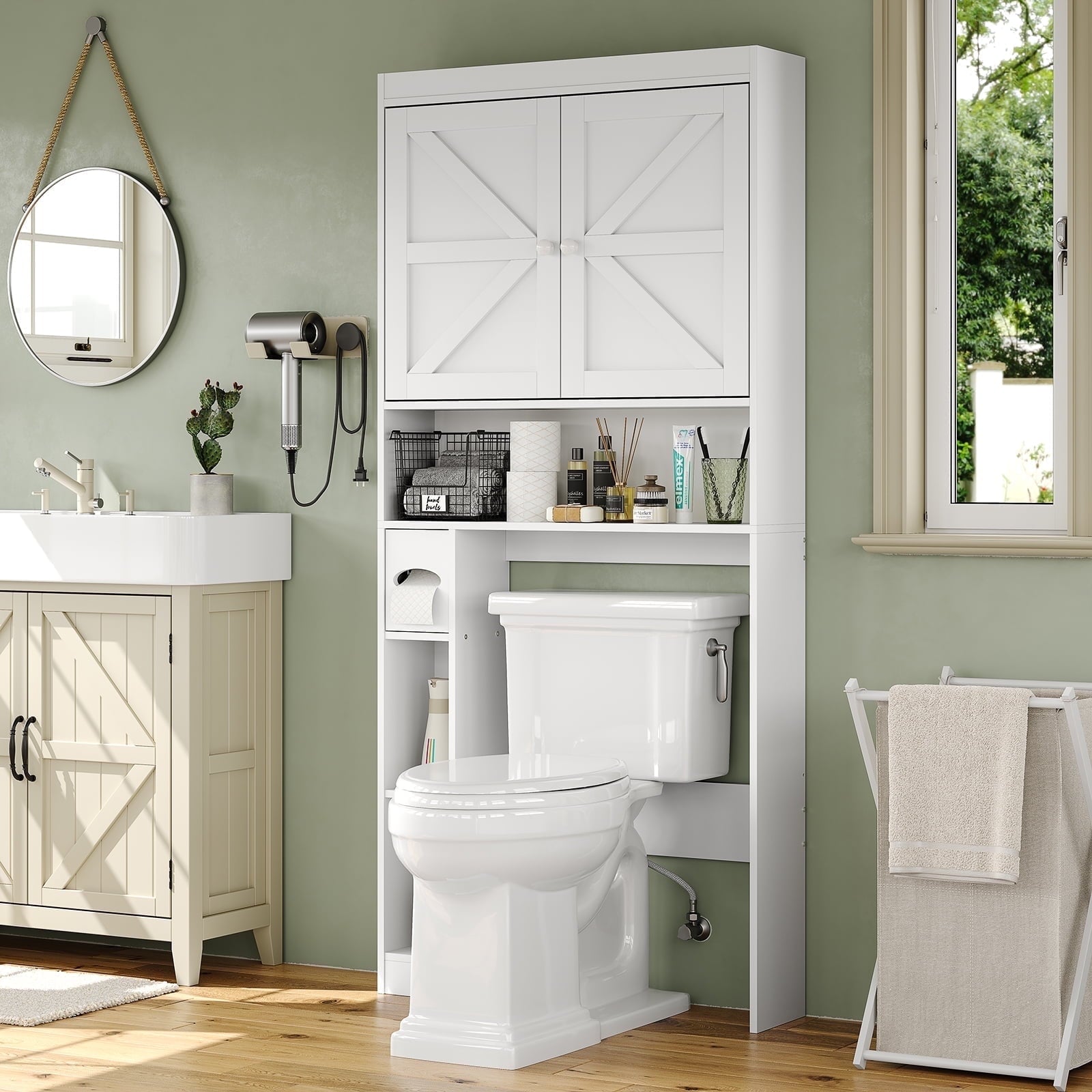 The Toilet Storage Cabinet with Barn Doors, Farmhouse Bathroom Toilet Shelf Space Saver with Toilet Paper Holder, White
