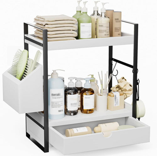 Gijjgole 2-Tier Bathroom Counter Organizer with Drawer and Basket, Wood Countertop Organizer for Storage, Skincare Organizers for Vanity, Co