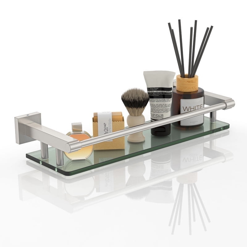 Glass Shelves for Bathroom, 16IN Brushed Nickel Bathroom Shelves for Wall Rectangular Stainless Steel Tempered Glass Modern use for Shelf Si