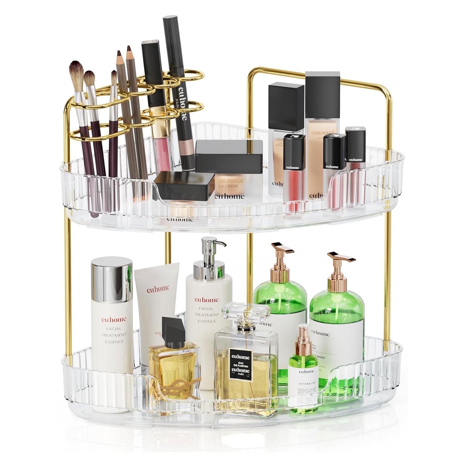 2-Tier Bathroom Counter Organizer, Makeup Cosmetic Storage with Top Toothbrush Holders, Acrylic Vanity Shelf, Skin Ca...