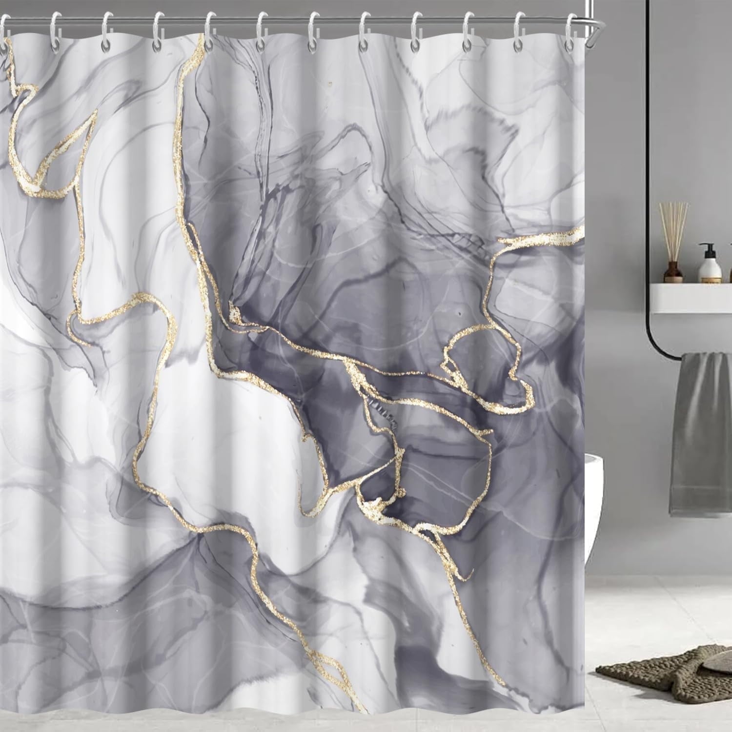 Grey Shower Curtain, Ombre Grey Marble Shower Curtain for Bathroom, Modern Aesthetic Ink Texture Waterproof Fabric Ba...