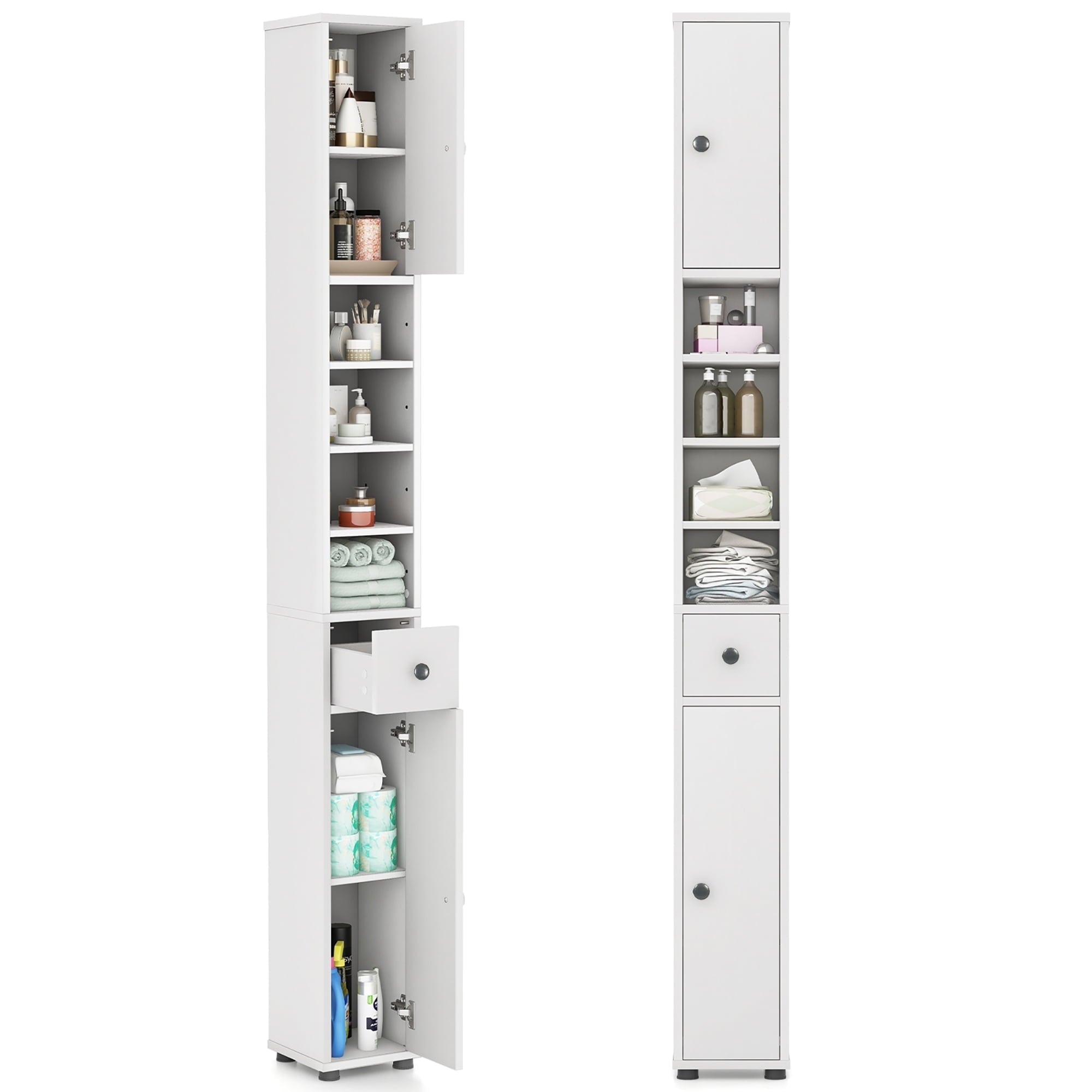 Bathroom Storage Cabinet Linen Tower w/ Drawer & Adjustable Shelves