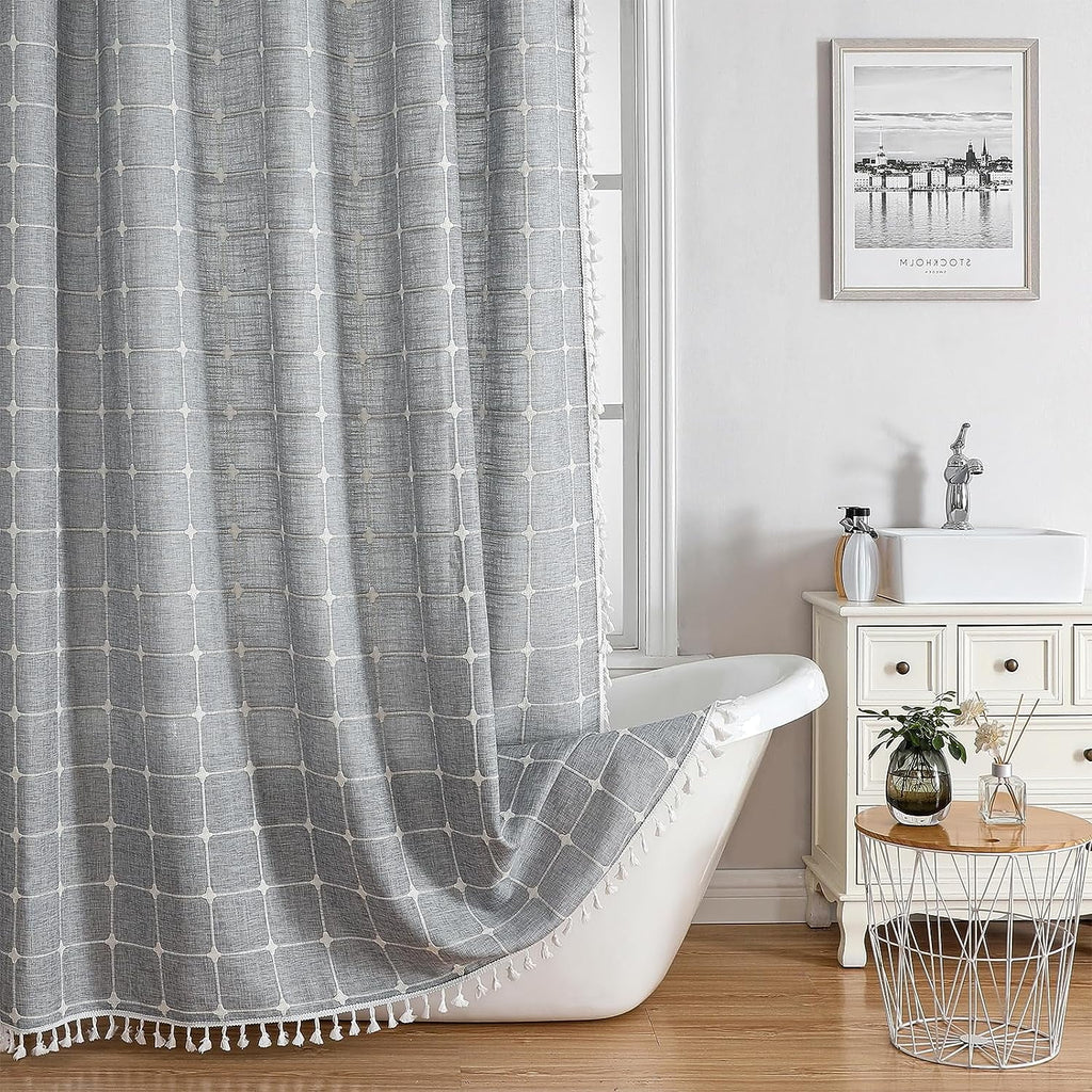 Shower Curtain, Linen Rustic Shower Curtain with Tassel, Water Repellent Modern Bohemian Bathroom Shower Curtains Set...