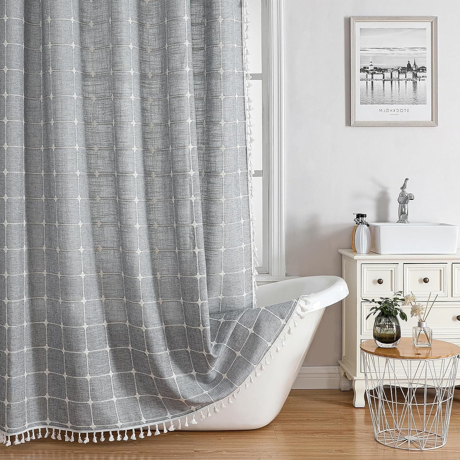 Shower Curtain, Linen Rustic Shower Curtain with Tassel, Water Repellent Modern Bohemian Bathroom Shower Curtains Set...