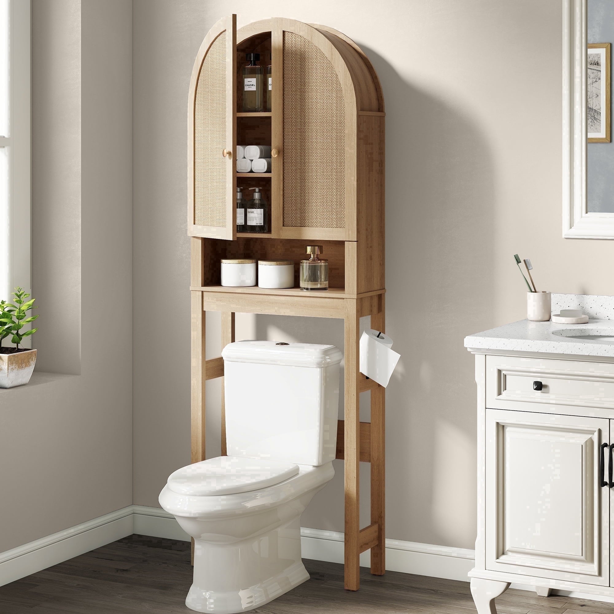 The Toilet Storage Cabinet, Bathroom Storage Shelf Organizer with Rattan Doors, Freestanding Above The Toilet Storage...