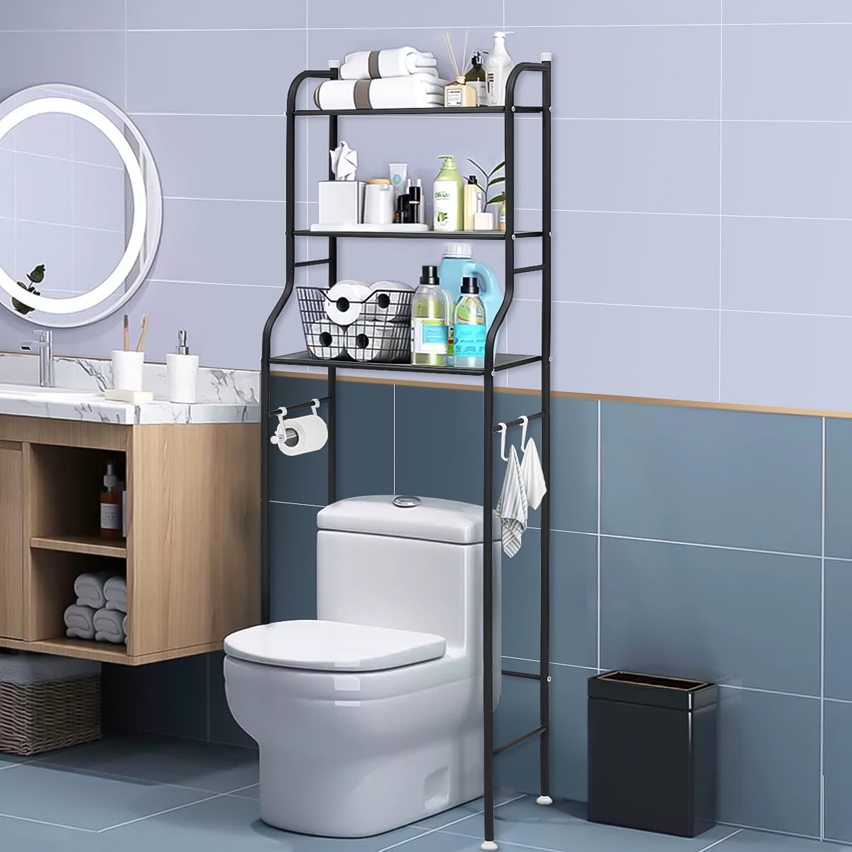 the Toilet Storage Rack, 3 Tier Bathroom Space Saver, Bathroom Corner Stand Storage Organizer Accessories Bathroom To...