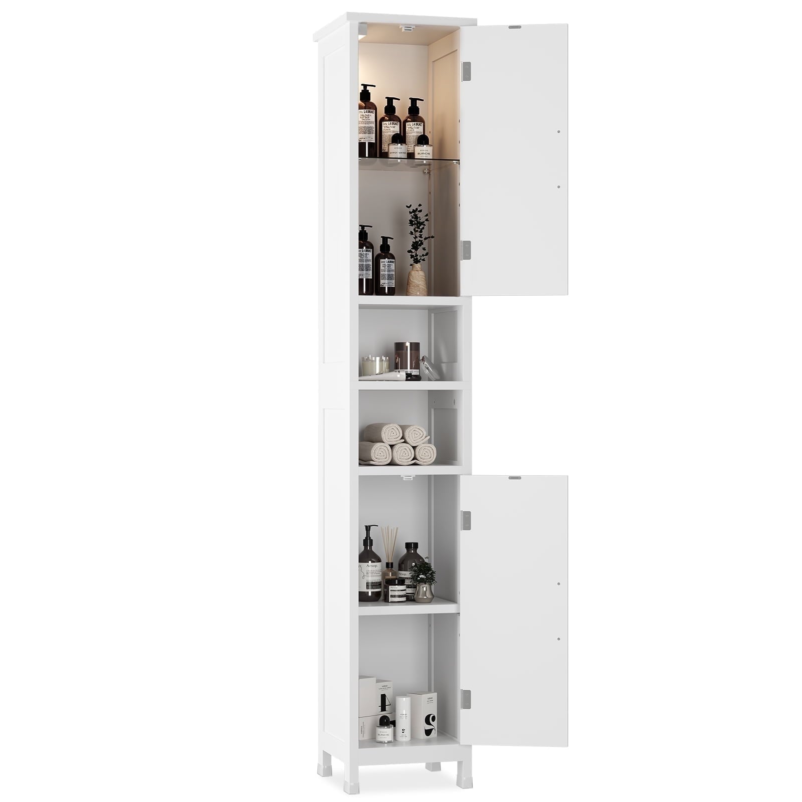 Bathroom Storage Cabinet with Lights, Adjustable Shelves, White
