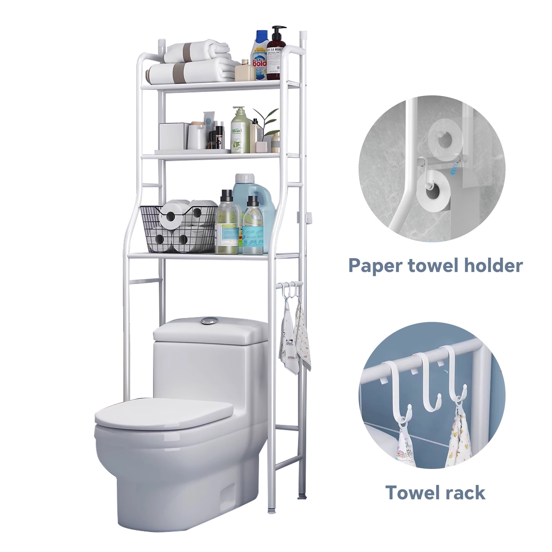 the Toilet Storage, 3-Tier Bathroom Organizer with Paper Holder & 3 Hooks, Sturdy & Stable Freestanding Space Saver T...