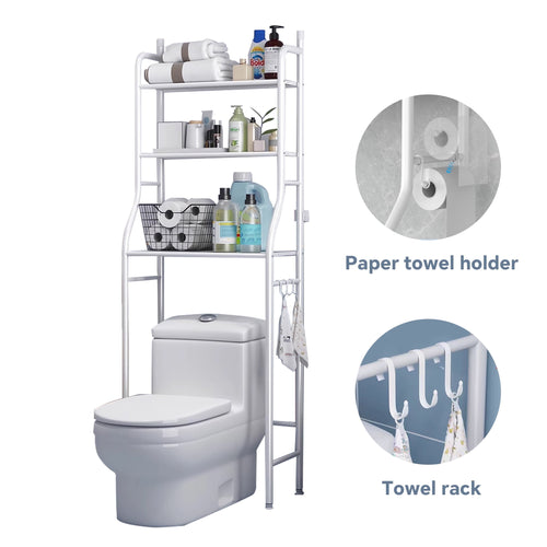 the Toilet Storage, 3-Tier Bathroom Organizer with Paper Holder & 3 Hooks, Sturdy & Stable Freestanding Space Saver T...