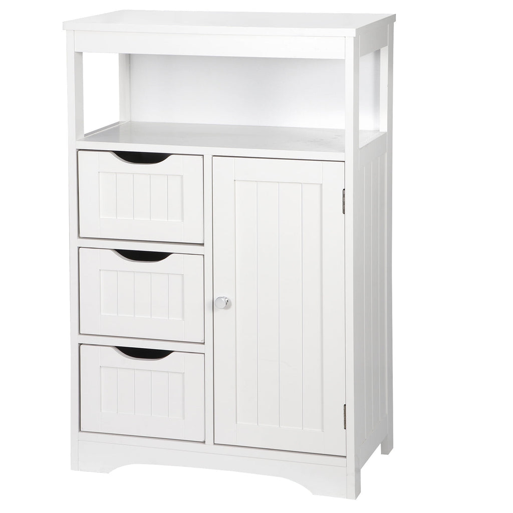 Bathroom Floor Storage Cabinet Modern White Wooden Kitchen Cupboard W/Adjustable Shelf & 3 Drawers