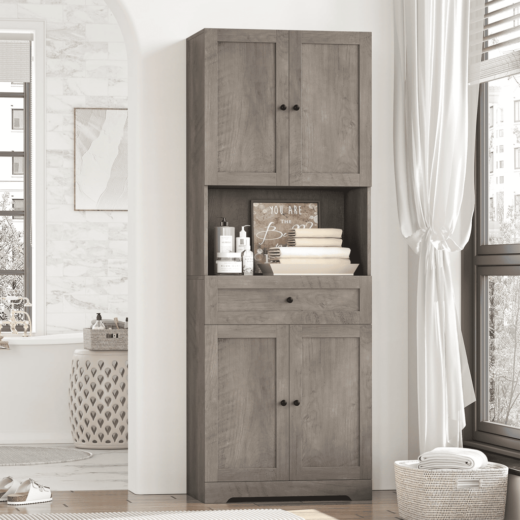 Homfa 67.5" Tall Farmhouse Bathroom Storage Cabinet with Drawer, 4 Door Modern Freestanding Storage Cabinet Cupboard, Gray