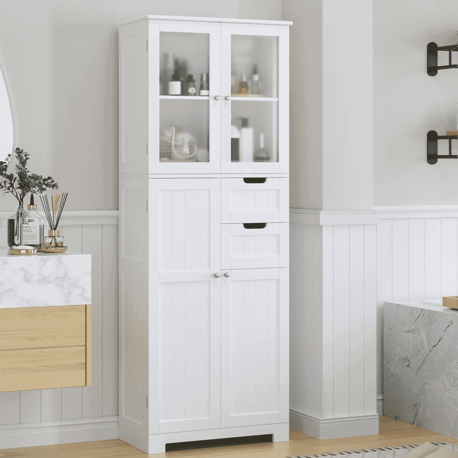 67" Bathroom Cabinet, White Linen Cabinet with Doors and Removable Drawers, Kitchen Cupboard