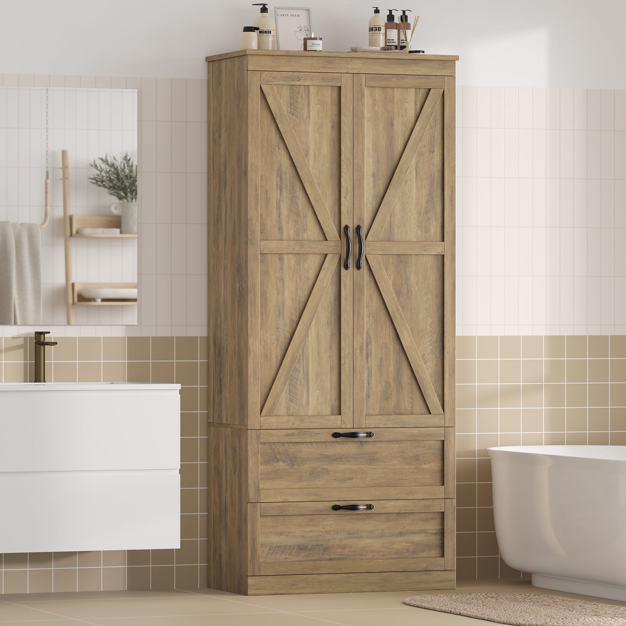 Bathroom Storage Cabinet, Farmhouse Linen Storage Cabinet with 2 Drawers, Rustic Brown