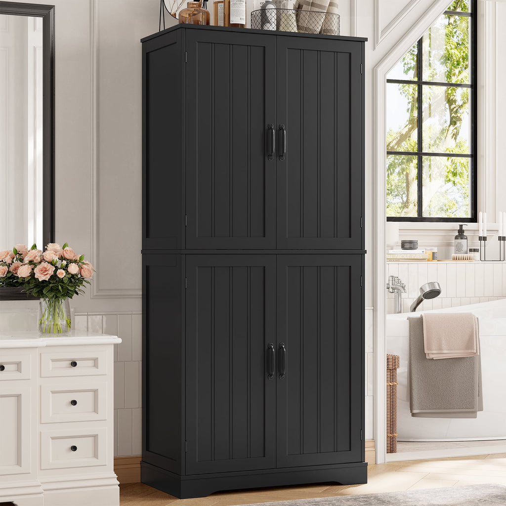 71'' Bathroom Cabinet with 6 Storage Shelves, Freestanding Wooden Linen Cabinet for Living Room, Black
