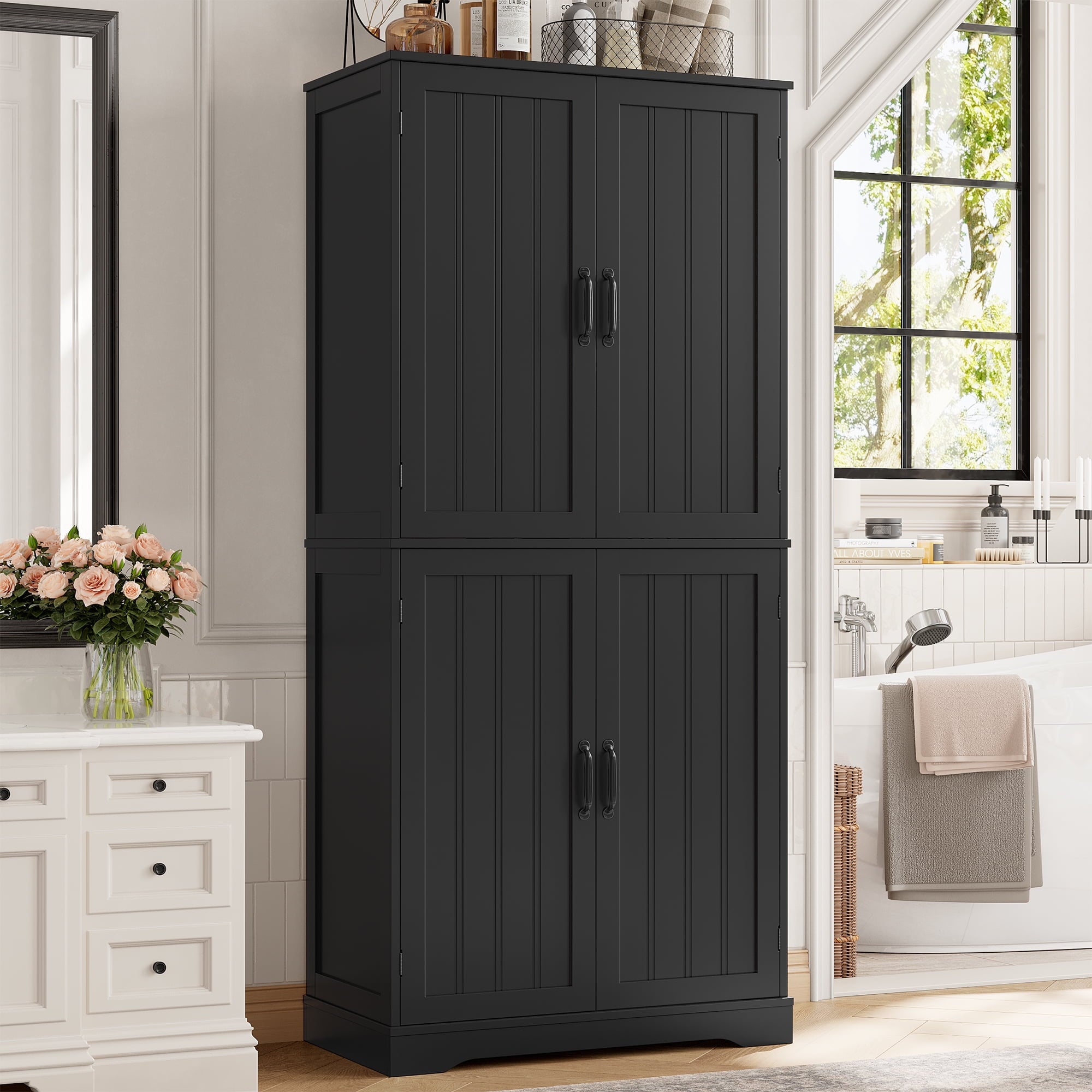 71'' Bathroom Cabinet with 6 Storage Shelves, Freestanding Wooden Linen Cabinet for Living Room, Black