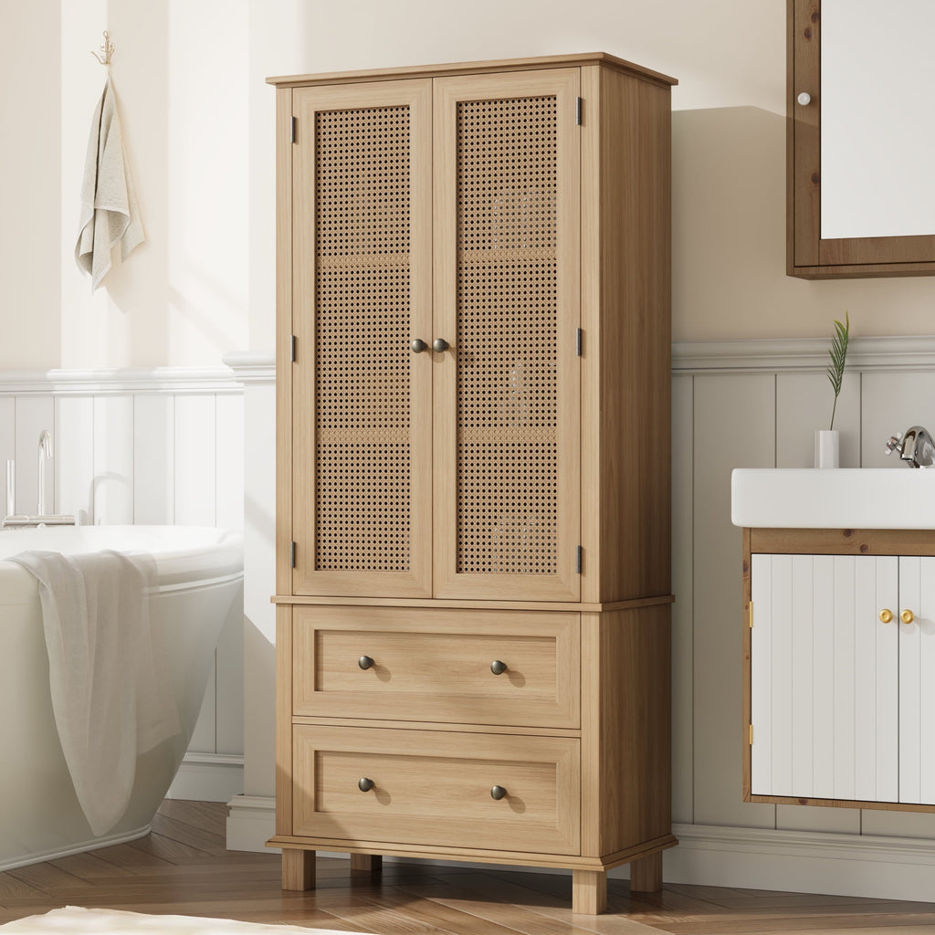 Bathroom Cabinet with Rattan Doors, Rattan Linen Storage Cabinet with 2 Drawers, Oak