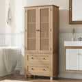 Bathroom Cabinet with Rattan Doors, Rattan Linen Storage Cabinet with 2 Drawers, Oak