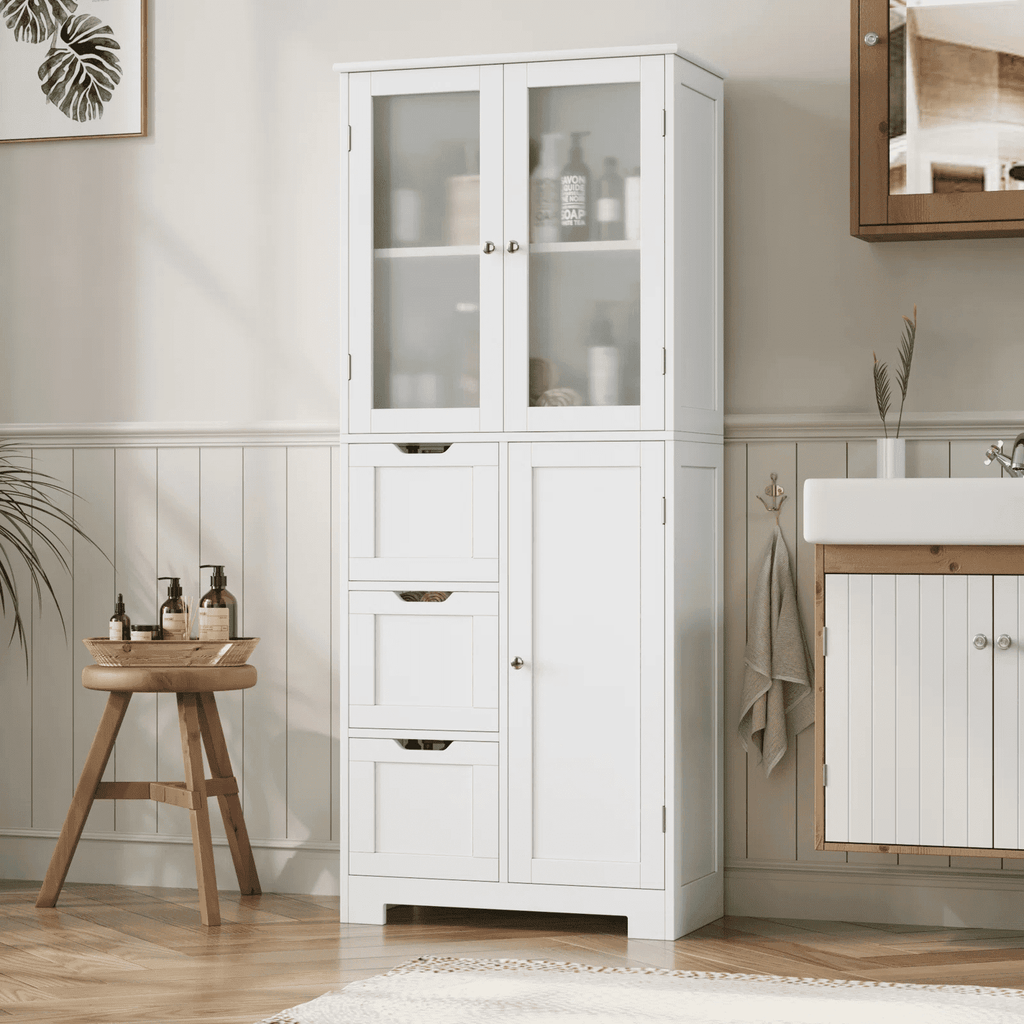 Bathroom Storage Cabinet, White Linen Cabinet with 3 Doors and 3 Drawers